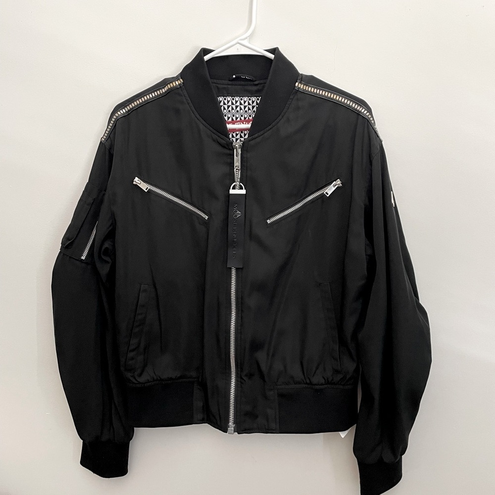 Moose Knuckles Black Bomber Jacket with Silver Zippers